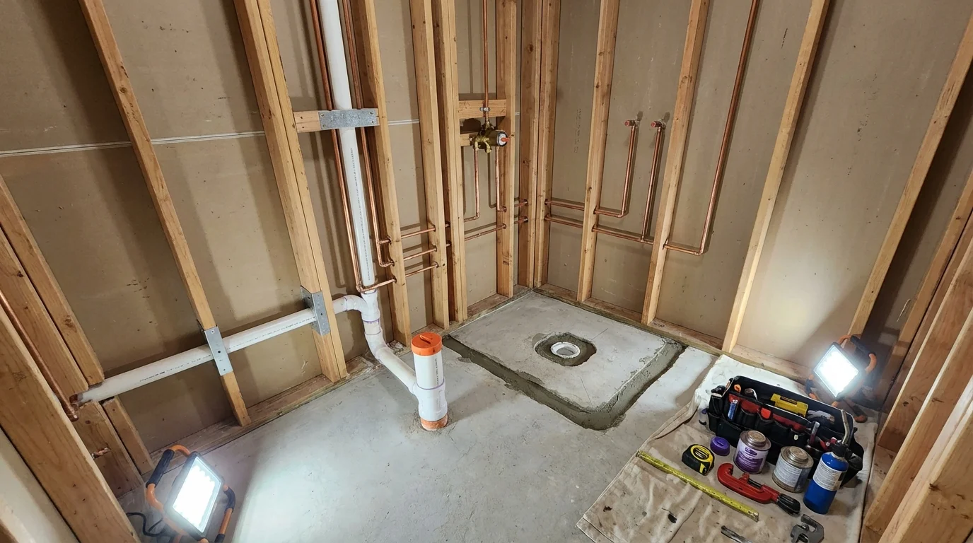 Bathroom rough-in plumbing during remodel by Johns Plumbing LLC in West Union