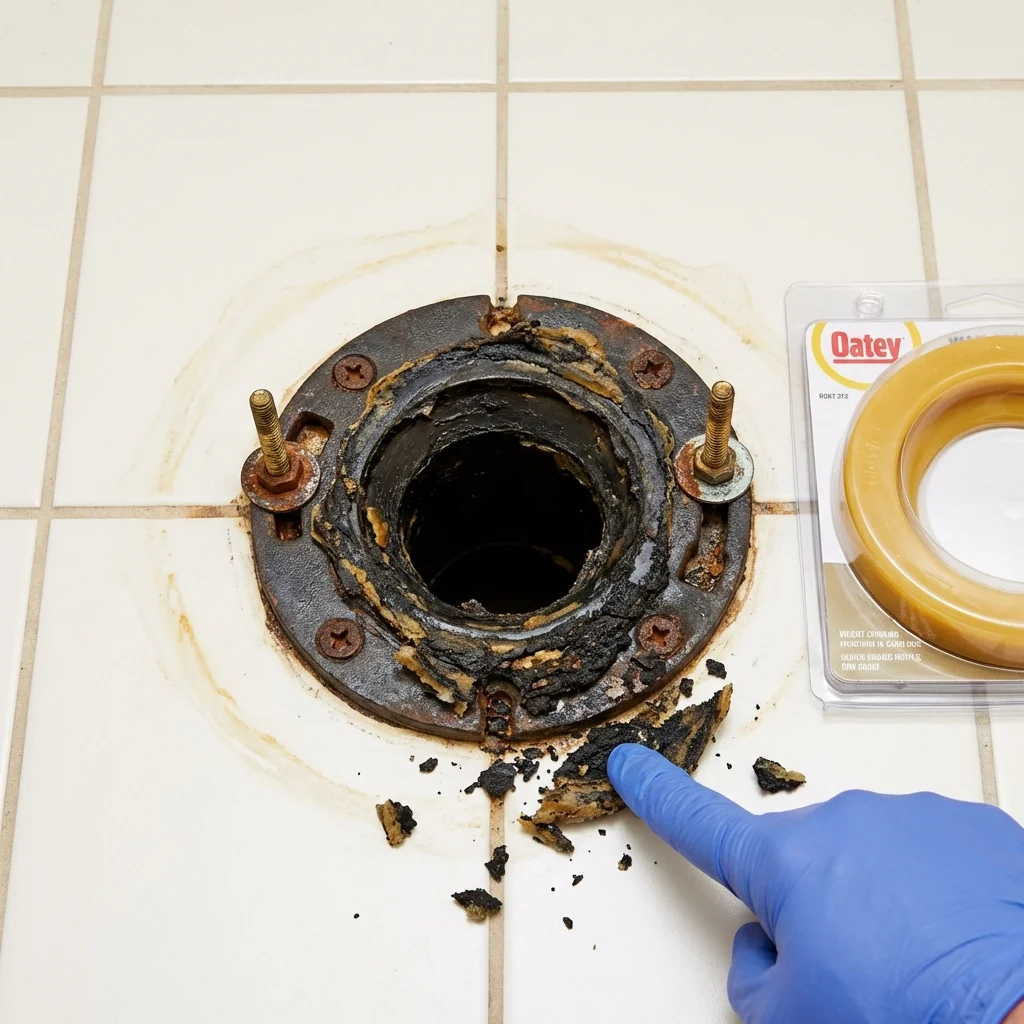 Failed wax ring showing water seepage at the base of a toilet in a West Union, IA home