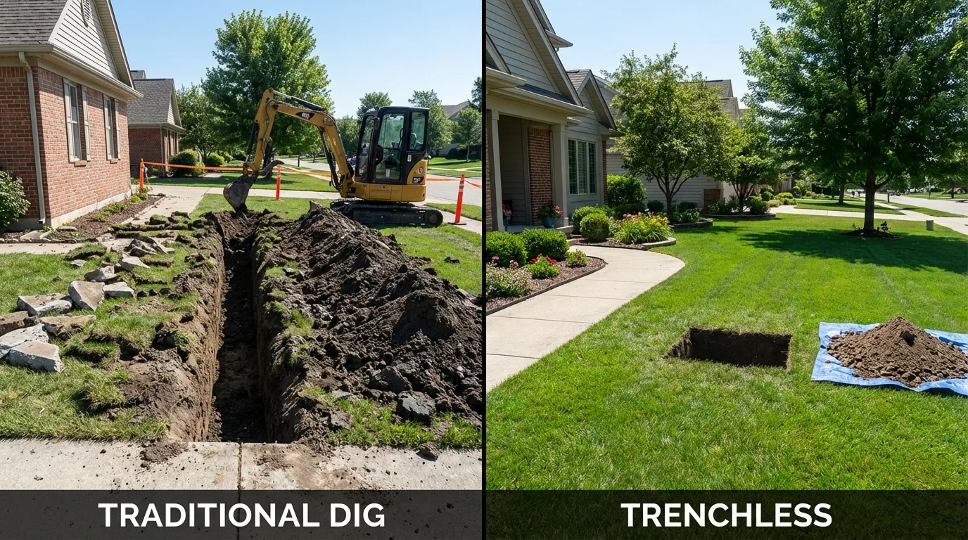 Trenchless sewer repair with minimal yard damage versus traditional excavation in West Union, IA