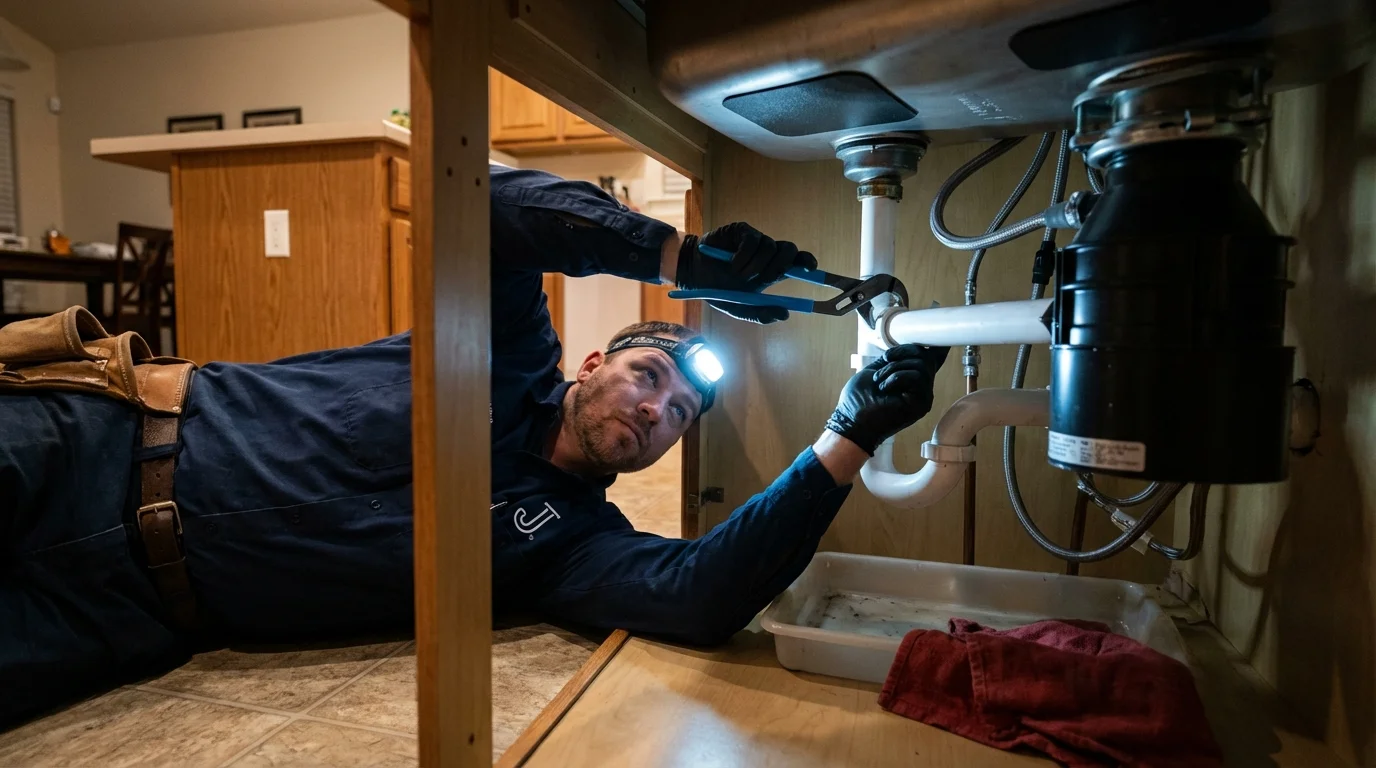 P-trap and supply line connections under a kitchen sink showing a common leak point in West Union, IA